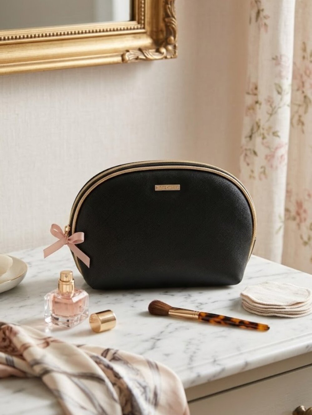 Juicy Couture Black Toiletry Cosmetic Makeup Top Zip Closure Gold Trim Bag Case